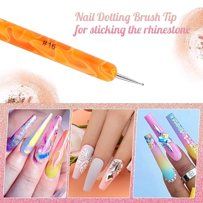 French Manicure Brush - Two Way Nail Art Brush with Dotting Tool for Cuticle Clean Up & Design - Professional Salon Quality, Dotting Pen (16#, Orange)