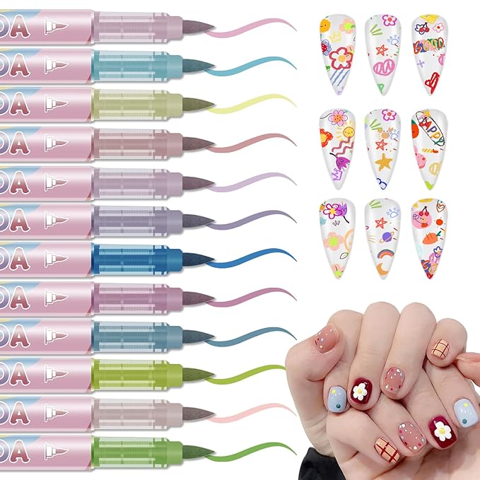 12 Colors Nail Art Pens Set, Nail Polish Pens Nail Art Drawing Markers Pen Quick Dry Waterproof Nail Art Painting Pens Kit for Home DIY Nail Art Design-Macaron-colors