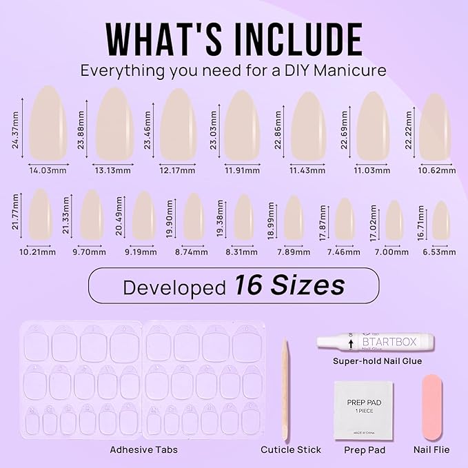 BTArtbox Press On Nails Medium Almond - Press on Nails Chrome Nails, Light Weight & Fit Perfectly Fake Nail with Nail Glue, Nude Glue On Nails in 16 Sizes, Glazed Donut