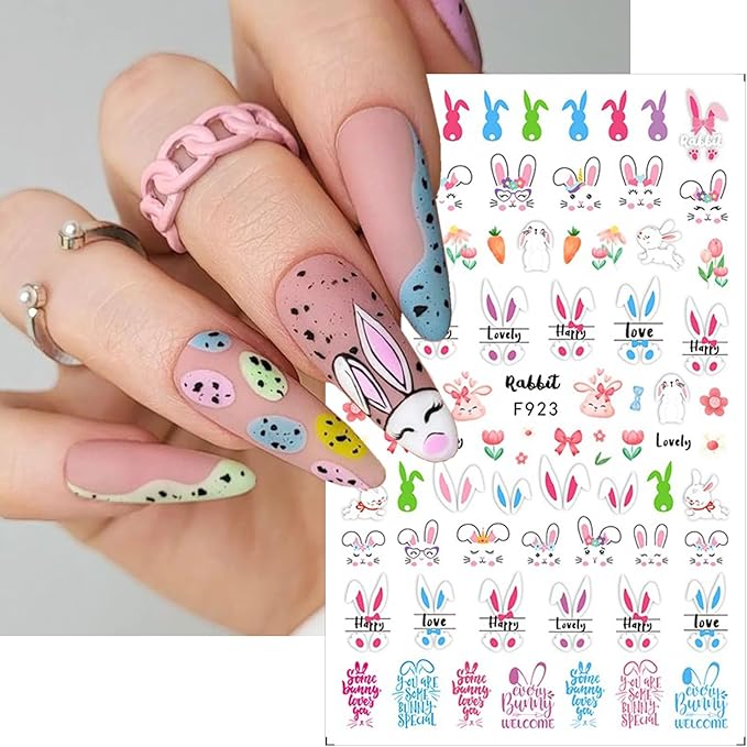 8 Sheets Easter Nail Decals for Nail Art Cartoon Rabbit Nail Art Stickers 3D Self-Adhesive Heart Flower Carrot Bunny Nail Decals Cute Easter Nail Supplies for Women Acrylic Nails Decorations