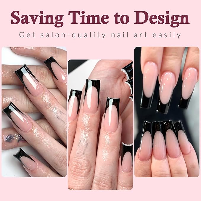 120PC Black French Tip Press on Nails Medium Fake Nails Press ons with 5*Adhesive Tabs, Pink Square Acrylic Nail Press on Nail French Tip Nails False Artificial Fingernails Stick on Nails-N