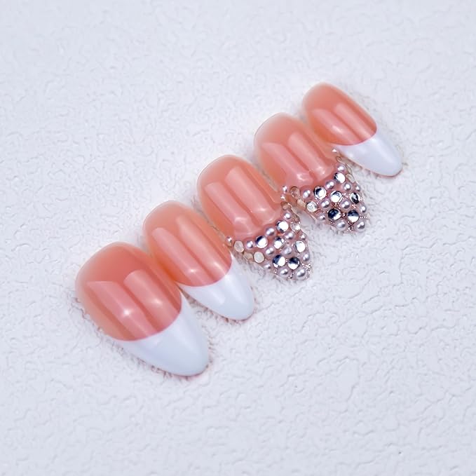 10 Pieces Handmade Press On Nails Medium Almond, White Thickened French False Nails, Pearls And Rhinestone, Reusable Fake Nails Almond, Reusable Acrylic Nails (S)