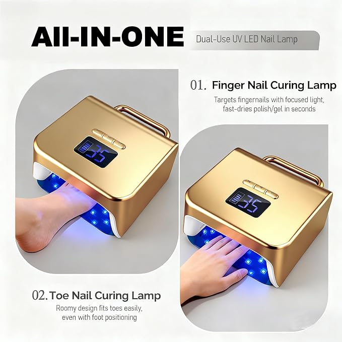 Cordless UV Nail Lamp 220W, Professional LED Nail Lamp with 48 Beads & Touch Display, Rechargeable UV Light for Gel Nails Built-in 3-Timer Modes & Auto Sensor, Fast Curing Nail Dryer (Gold)