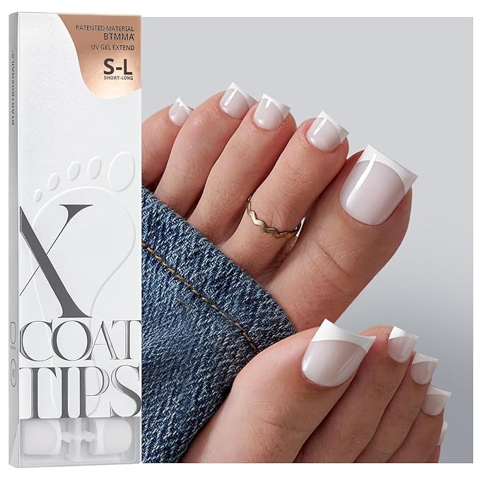 BTArtboxnails XCOATTIPS Toe Nail Tips - Lamp-Curable Real Square White Press On Toenails for Women, 150 Soak Off French Tip Toe Nail Extensions in 15 Sizes, Builder Gel & Top Coat Required
