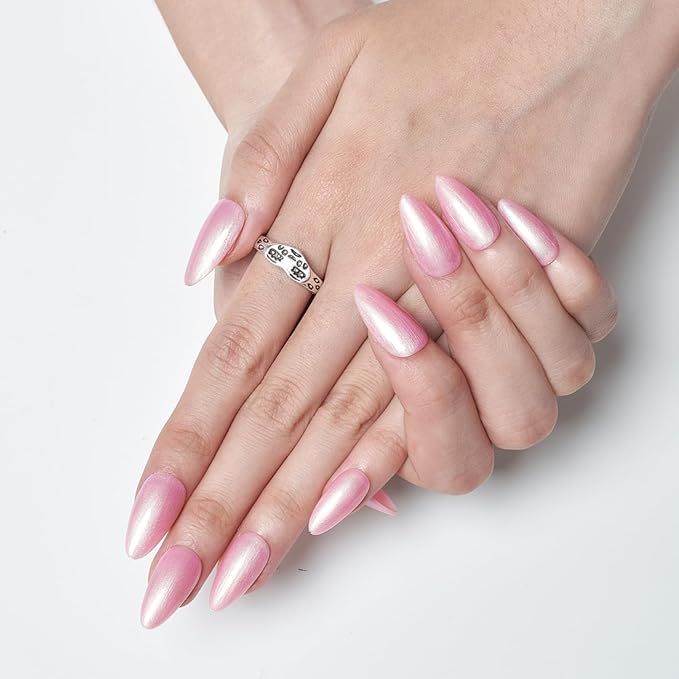 GLAMERMAID Pink Press on Nails Medium Almond, Handmade Glitter Shimmer Neutral Jelly Chrome Gel Glue on Nail Stiletto, Glossy Fake Nails Short Oval，Reusable Acrylic Stick on False Nail Kits for Women