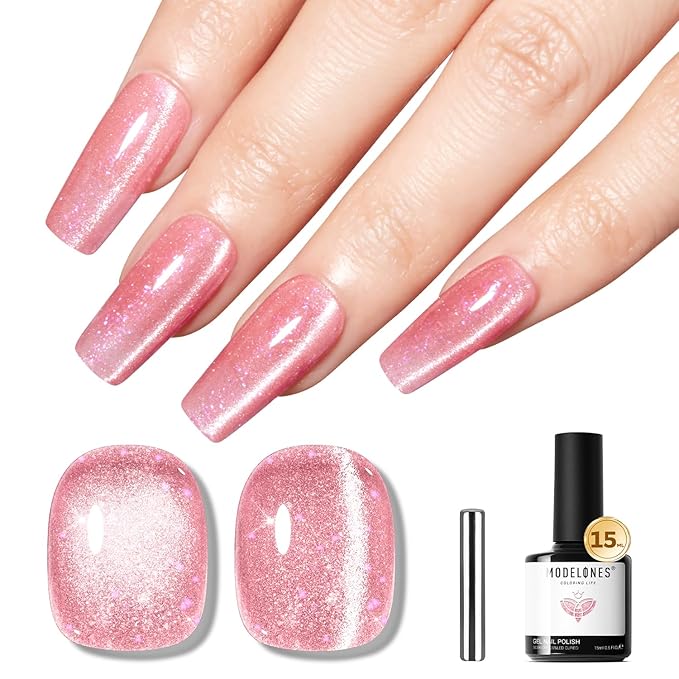 modelones Pink Cat Eye Gel Nail Polish Light Pink 9D Cateye with Magnet Shimmer Glitter Gel Polish Soak Off Reflective Translucent Jelly Gel Nail Polish 15 ML