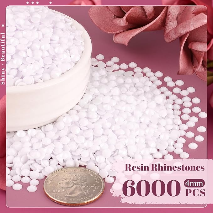 6000PCS 4mm Resin Rhinestones Bulk for Crafting (White), Flatback Bedazzling Crystals for Crafts DIY Nail Decoration, Gems Charms for Tumbler Shoes Clothing Fabric with Pickup Pen and Tweezers
