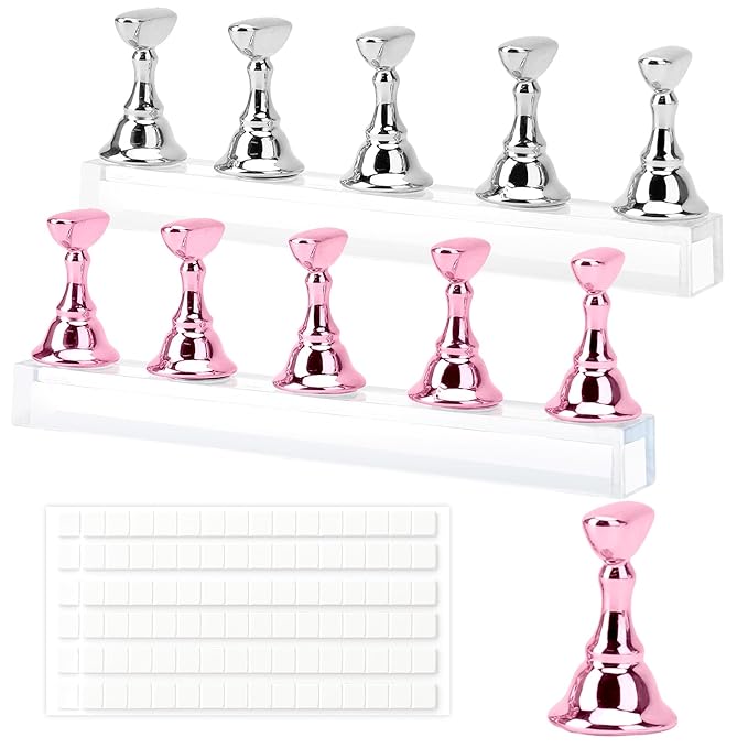 Nail Stand Nail Holder for Painting Nails 2 Sets Press on Nails Stand Display with 96 Pcs Reusable Adhesive Putty Clay Magnetic Acrylic Nailss Art Tools Accessories for DIY Salon Supplies Pink, Silver