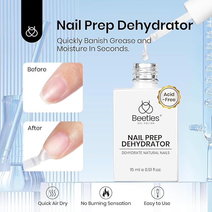 Beetles 15ml Nail Dehydrator and Primer - Acid Free & Hema-Free Natural Prep Dehydrate and Bond Primer for Acrylic Fast Dry Nail Supplies Professional Salons Set