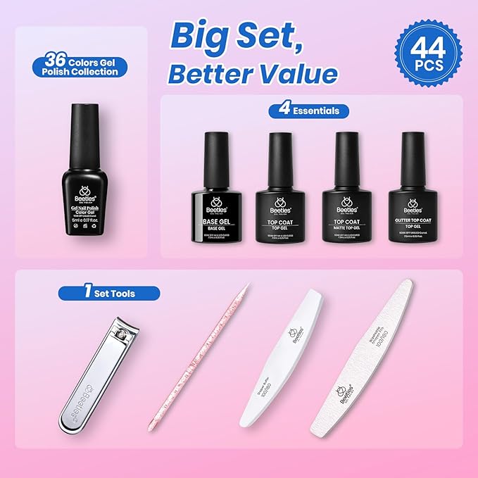 Beetles Deal Box 36 Colors Gel Nail Polish Set, 44 Pcs HEMA-Free TPO-Free Soak Off UV Gel Nail Kit Glitter with Base Coat, Glossy Matte Cat Eye Top Coat and Nail Tools for DIY Manicure Gift for Women