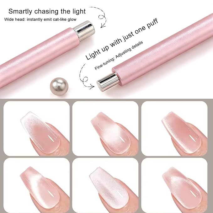 WOKOTO 6 PCS Cat Eye Magnet Set For Nails With 4 PCS Y&O-Shape Iron Stencils Set, Cylinder Nail Art Magnet Pre-Designed Magnets Pen for Heart Ring Cat Eye Patterns, Beginner-Friendly Quick Application