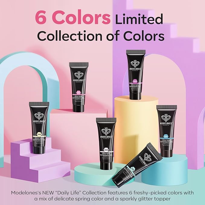 modelones Poly Gel Set 6 Colors Spring Pastel Macaron Collection Nail Extension Kit Pink Yellow Blue Builder Nail DIY Manicure Salon at Home