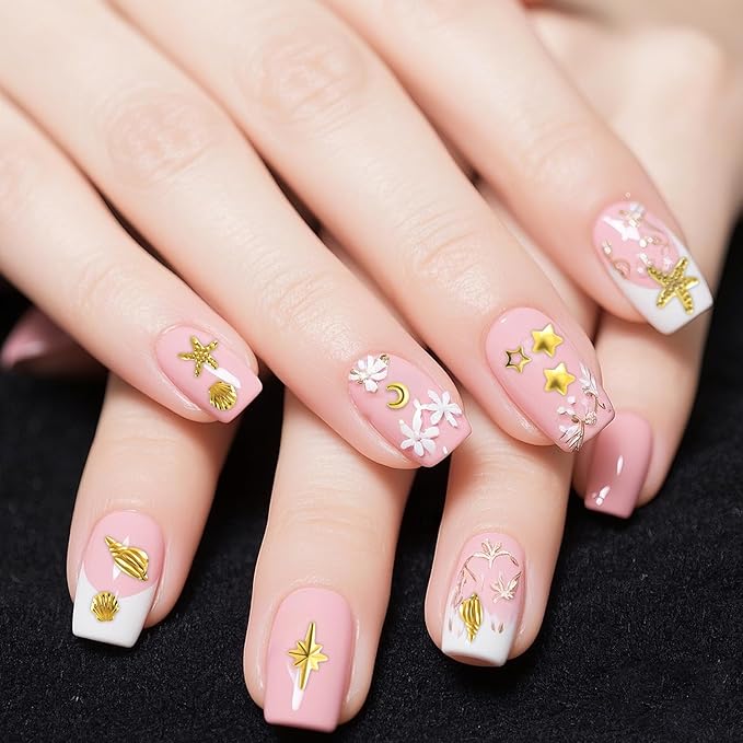 2 Disc Ocean Nail Art Charms, 3D Metal Star Nails Stickers, Beach Starfish Seashell Decals Manicure DIY Embellishments for Women- Gold