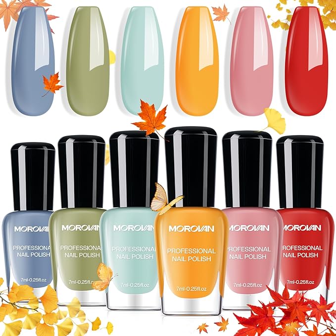Morovan Nail Polish Set Fingernail: Fall Quick Dry Nail Polish Kit Fall Orange Regular Bulk 0.25 oz Finger Nail Lacquer Pack Glossy Toenail Polish DIY Gifts for Women