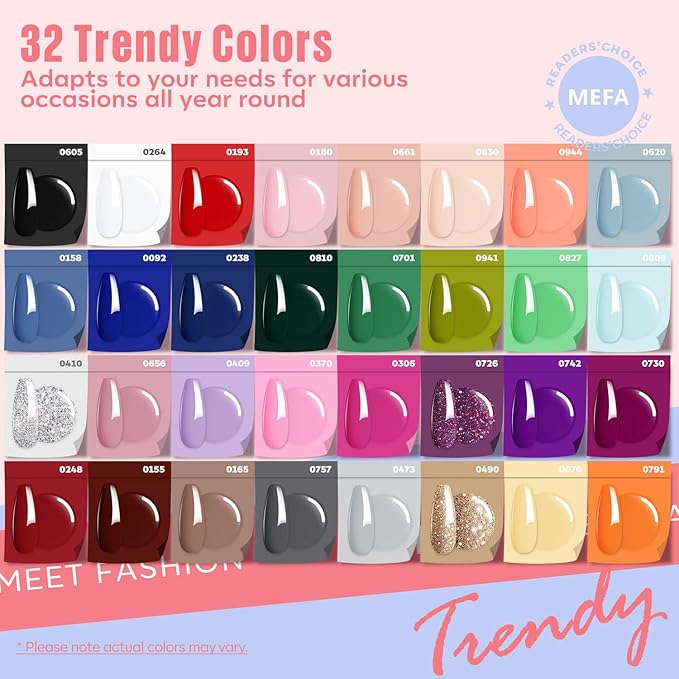 MEFA 60 Pcs Gel Nail Polish Kit with U V Light, 32 Colors Popular Soak Off Nude Pink Red Gel Polish Nail Set with Matte/Glossy Gel Top Base Coat Manicure Tools Nail Art Decorations DIY Salon