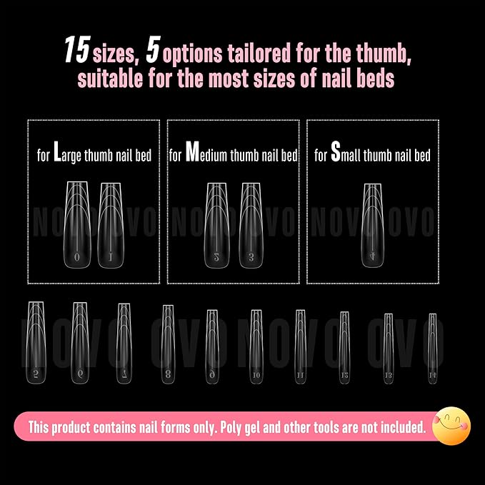 NOVO OVO Tapered Square (Sculpted) Nail Dual Forms for Poly Gel Extension with Guiding Line Inside, XL XXL Reusable Full Cover Acrylic Builder Hard Gel Polygel Molds x 15 sizes 150 Pcs
