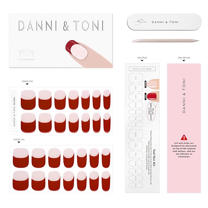 DANNI & TONI Semi Cured Gel Nail Strips French Red Tips Gel Nail Wraps 28 Stickers |Ruby Radiance
