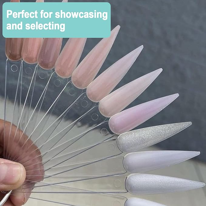 SIUSIO 50 Pcs Stiletto Nail Swatch Sticks with Metal Split Ring and Numbered Tips - Clear Fan-shaped Color Display for Nail Art Polish Practice