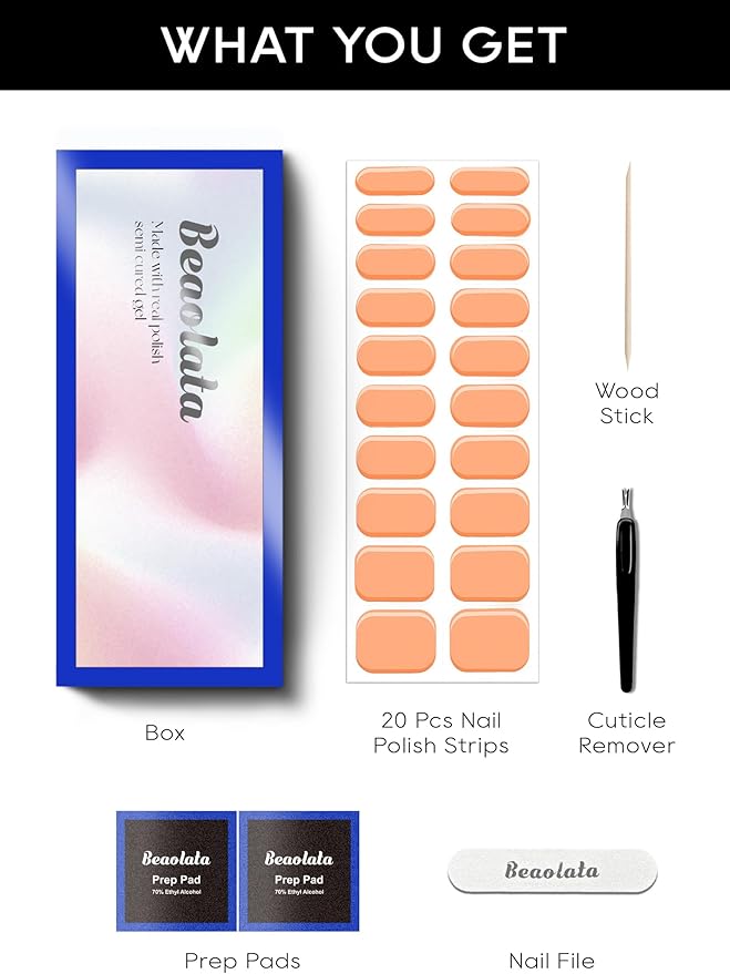 Semi Cured Gel Nail Strips - UV Light Gel Nail Stickers - 20 Long Lasting Salon Quality Wraps (Blazing Orange)