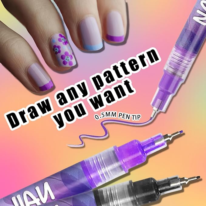 12 Colors Nail Art Pens Set, 0.5mm Fine Tip Nail Polish Pens, Quick-Dry Waterproof Nail Art Markers for DIY Nail Design, Dotting & Liner Manicure Tools