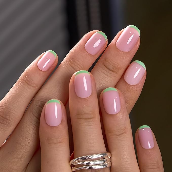 CurvLife Soft Gel Short Press On Nails Square, Long-Lasting Reusable Fake Nails Kit with Glue & Tabs, 30pcs Salon-Quality Stick On Nails for Women At-Home Manicure (Mint Line)
