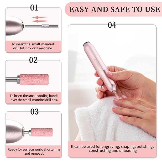 BLESWIN 100pcs Small Sanding Bands with Upgraded 3mm Mandrel Bit, 120 Grit for Acrylic Nail, Gel Nail Removing, Professional Nail Sanding Belt for Manicure and Pedicure, Pink