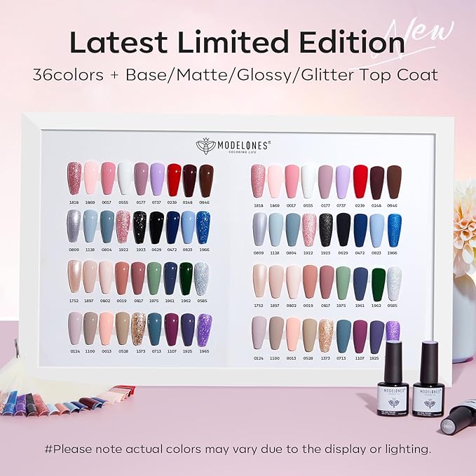 modelones 40 Pcs Gel Nail Polish Set, 36 Colors Fall Winter Nude Brown Burgundy Red Blue White Black Glitter Gel Polish Kit with Base Coat& Matte Glitter Glossy Top Coat Salon DIY LED Manicure Gift