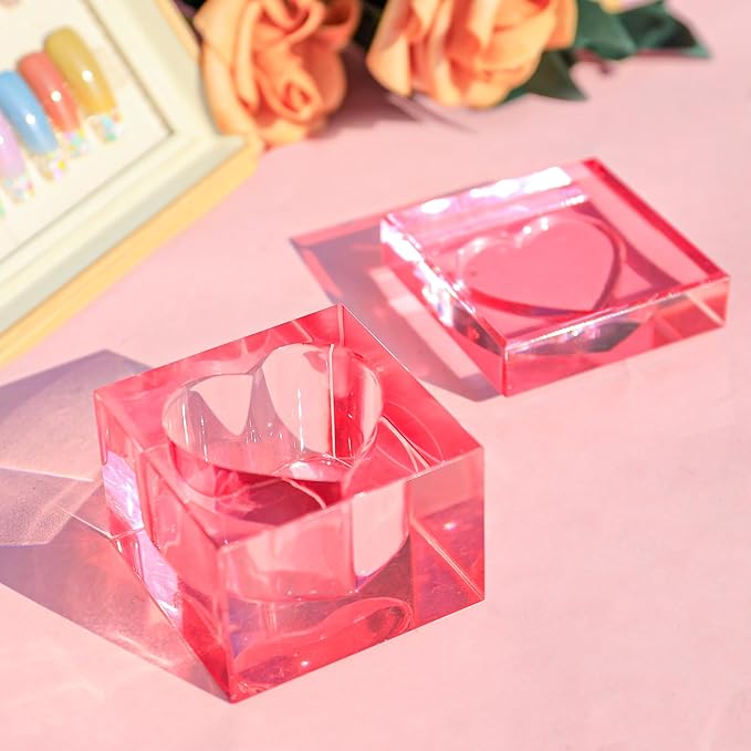 Nail Dappen Dish with Lid, Square Crystal Monomer Dish for Acrylic Nails, Monomer Holder Container for Holding Acrylic Liquid & Powder, Glass Crystal Cup for Acetone Nail Decor (Pink)