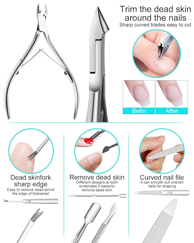 7pc Ingrown Toenail Remover Pedicure Tools Kit, Nail Clippers, File and Lifters Set for In Grown nails Removal, Professional Surgical Stainless Ingrown Toenail Tool Under Nail Cleaner