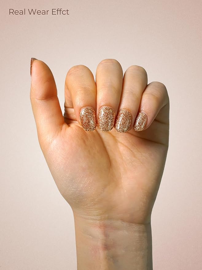Pre Cured Gel Nail Strips - 44PCS Salon Quality Gel Nail Stickers - Long Lasting Polish Wraps for Women no UV Light Needed Easy Apply & Remove (Gilded Desire Gold)