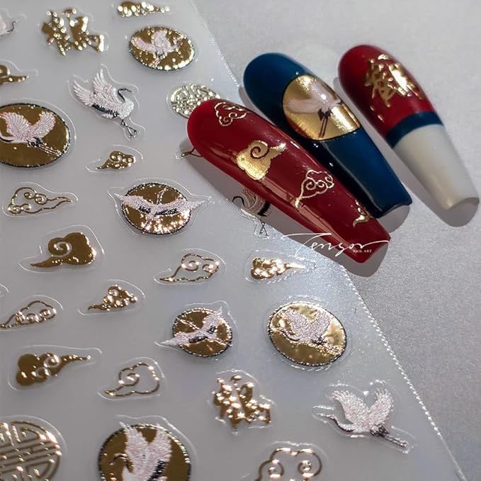 3Sheets 5D Nail Stickers Chinese Style Character Gold Red-Crowned Crane Propitious Cloud Nail Decals for New Year Acrylic Nail Art Design Supplies (Crane)
