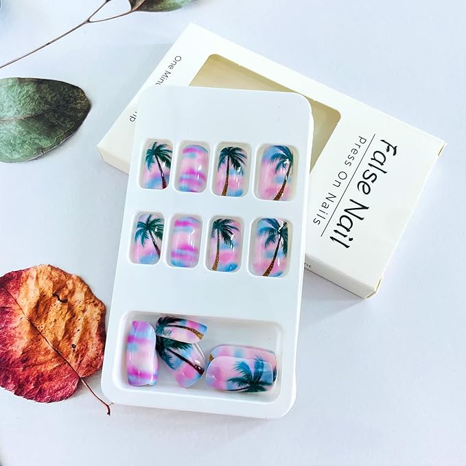 Medium Press on Nails Square Fake Nails with Design Palm Tree Glue on Nails Blue Pink Gradient Acrylic Nails Summer False Nails Reusable Artificial Nails Glossy Stick on Nails for Women Girls