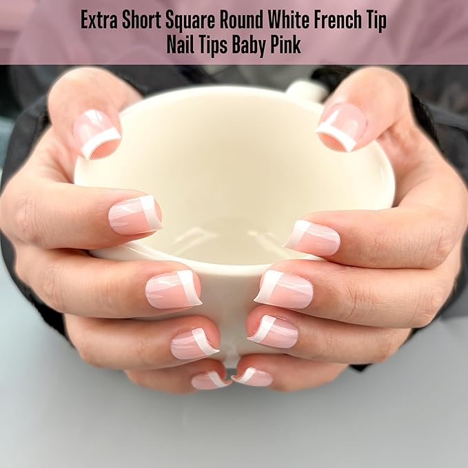 NOVO OVO Extra Short White French Tip Nail Tips, XS XXS Square Round BABY PINK, for Wide & Short Nail Beds, Thick Full Cover Press on for Women Men, Soft Gel Acrylic Extension kit, 16 Sizes x 224pcs