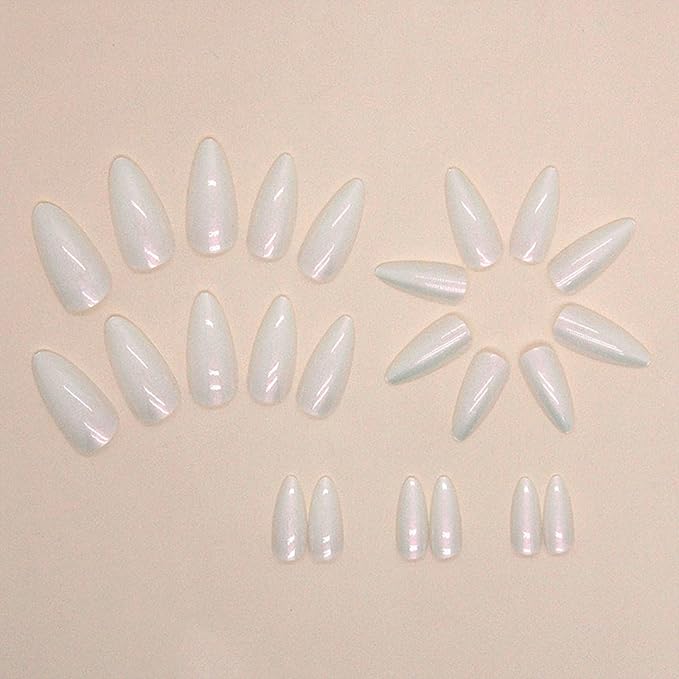 White Press on Nails - Medium Almond Fake Nails - with Designs Pearl White False Nails Press ons - Glue on Nails Chrome - Cute Acrylic Nail Artificial Stick on Nail for Women 24Pcs