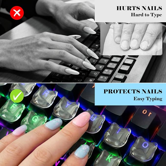110pcs Keyboard Bubbles for Long Nails, Ergonomic Height Raised Glass Cat-Head Key Covers, No-Residue, Reusable, Easy to Apply, for Desktop Keyboards, External Keyboards, Calculators