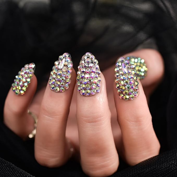 Coolnail Shiny 3D Crystal Rhinestones Press on Nails, Medium Stiletto Holo Diamonds Handmade Tips Kit, Jewelry Gems Full Cover Fake Glue Stick on, Luxe for Party Women & Girl