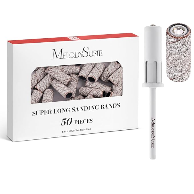 MelodySusie 50 Pcs Nail Drill Bits Super Long Sanding Bands with 6.65mm Crystal Mandrel Bit, 120 Medium Grit Nail File for Acrylic Nails Gel Manicures and Pedicure, Zebra
