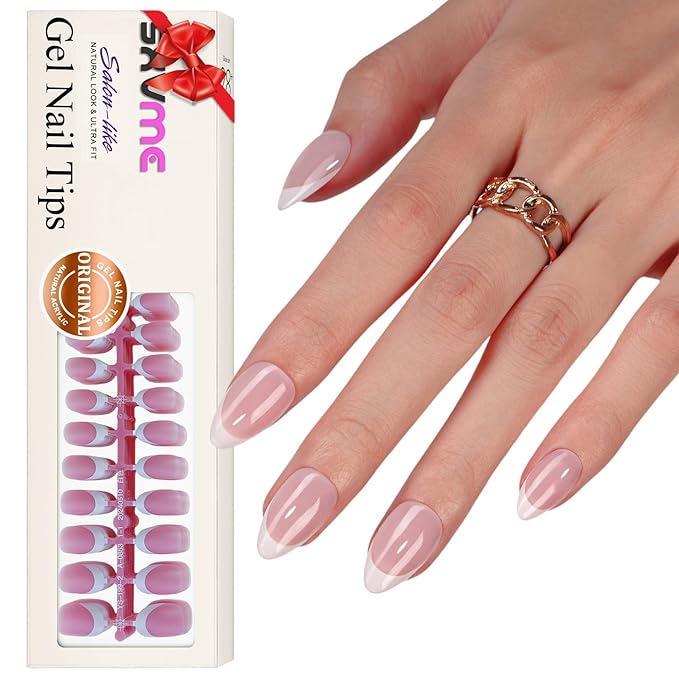 Gel French Tip Nails Short Almond French Tip Press on Nails SXVME White French Nail Tips 300Pcs Pre-applied Tip Primer Natural Pink Fake Nails Extensions Gel Nail Kit for Women Girls DIY
