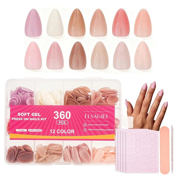 12 Colors Press on Nails Short Almond, 15Size 360PCS Full Cover Fake Nails with Adhesive Tabs - Glossy Jelly Nude Milky White Shape False Nails for Women, Easy Application for Daily Wear
