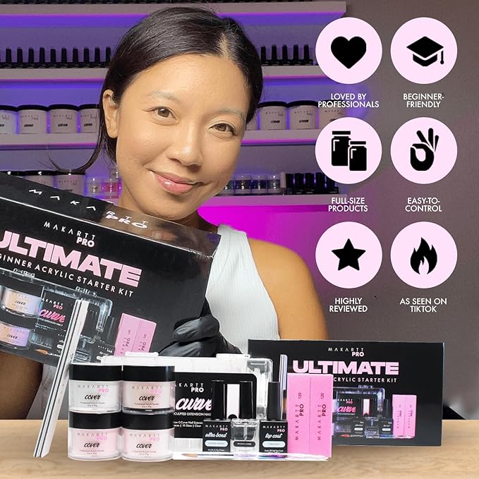MakarttPro Ultimate Acrylic Starter Kit for Beginners - Professional Nail Tech Supplies with Brush Cleaner & Monomer, Real Kolinsky Brush, Non C-Curve Tips, 4 Cover Acrylic Powders - Full Size Kit