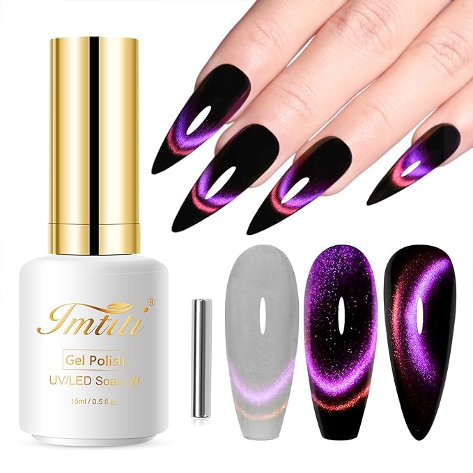 Imtiti Cat Eye Gel Nail Polish, 15ML Pink and Purple Two Flashes Glitter Cat Eye Gel Polish with Magnet UV LED Magnetic Gel Nail Polish Dopamine Iridescent Sparkly Home DIY Manicure Nail Salon Kit