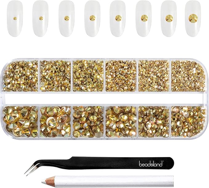 Beadsland Rhinestones for Makeup,8 Sizes 2500pcs Gold Flatback Rhinestones Face Gems for Nails Crafts with Tweezers and Wax Pencil,Metal Sunlight,SS4-SS30