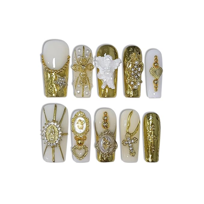 Baroque Press on Nails Long Coffin 3D Embossed Pearl Cross Charm Luxury False Nails for Women Gold Glam Royal Cathedral Style Glue on Nails for Parties Holiday Events(S)