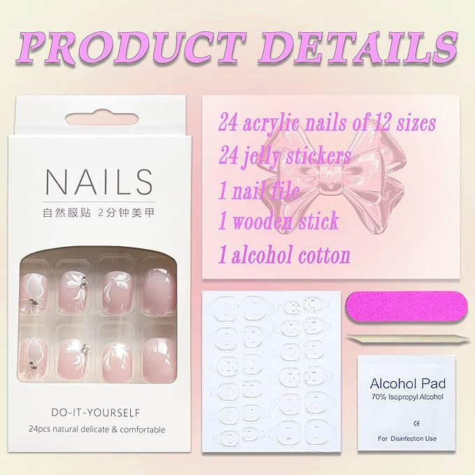 Pink Glitter Butterfly False Nails - 24pcs Full Cover Glossy Glue on Acrylic Artificial Nails