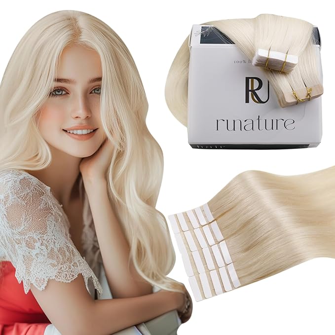 RUNATURE Blonde Tape in Hair Extensions Human Hair, 14 Inch 20Pcs 40G, Tape Ins Hair Extensions Remy Soft Straight Hair, Heat Resistant, Easy to Apply #60