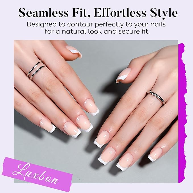 Luxbon Square Press On Nails with No-Cure Nail Glue and Tool Kit – French Manicure Glue On Nails 30-32pcs Full Size Set, Reusable Fake Nails for Women, Salon Look at Home, White