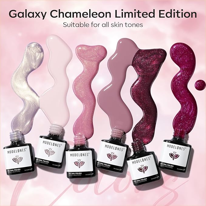 modelones Gel Nail Polish Set, 6 colors 2026 Neutral Nude Pink Gel Polish Pearl White Burgundy Red Shimmer Peach Pink Galaxy Grape Purple Glitter Nail Polish DIY Nail Art Manicure Gift