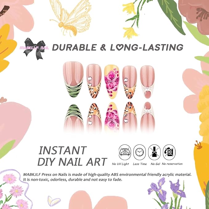 French Tip Press on Nails Medium Almond MABKJLF Fake Nails False Nails with Flower Pearls Rhinestones Tiger stripes Designs Glossy Glue on Nail Full Cover Acrylic Nails for Women Girls 24Pcs
