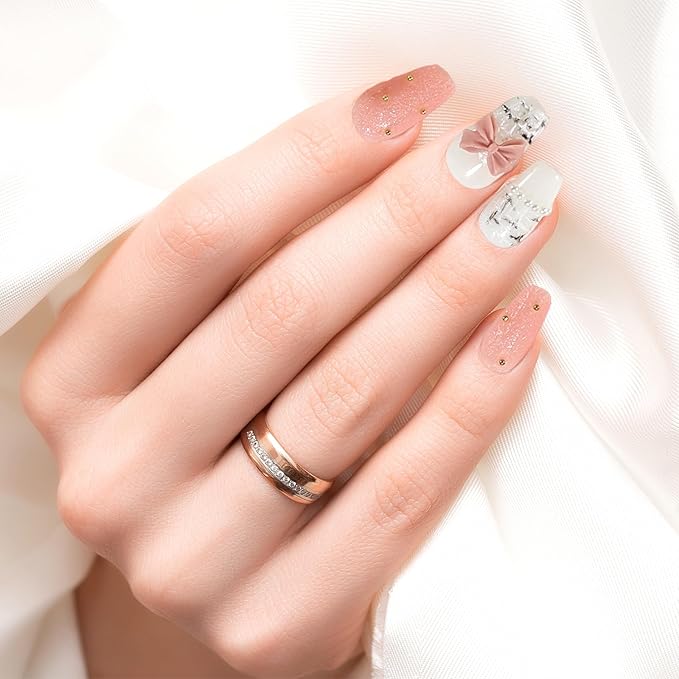 Fake Nails Set Pink Medium Square Bling Glossy 3D Bow Heart Rhinestone Pearl False Nail Tips, Press On Nails, Artificial Art Nails Finger Manicure for Women and Girls(CDJ0030-M)