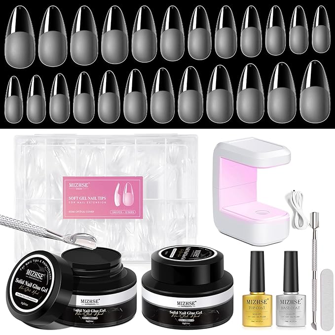 MIZHSE Gel Nail Kit, Solid Nail Glue Gels with 240Pcs Almond Medium Nails Tips Soft Gel Half Matte, Portable U V LED Nails Lamp Gels Extension Kit for Salon Art Home DIY Manicure